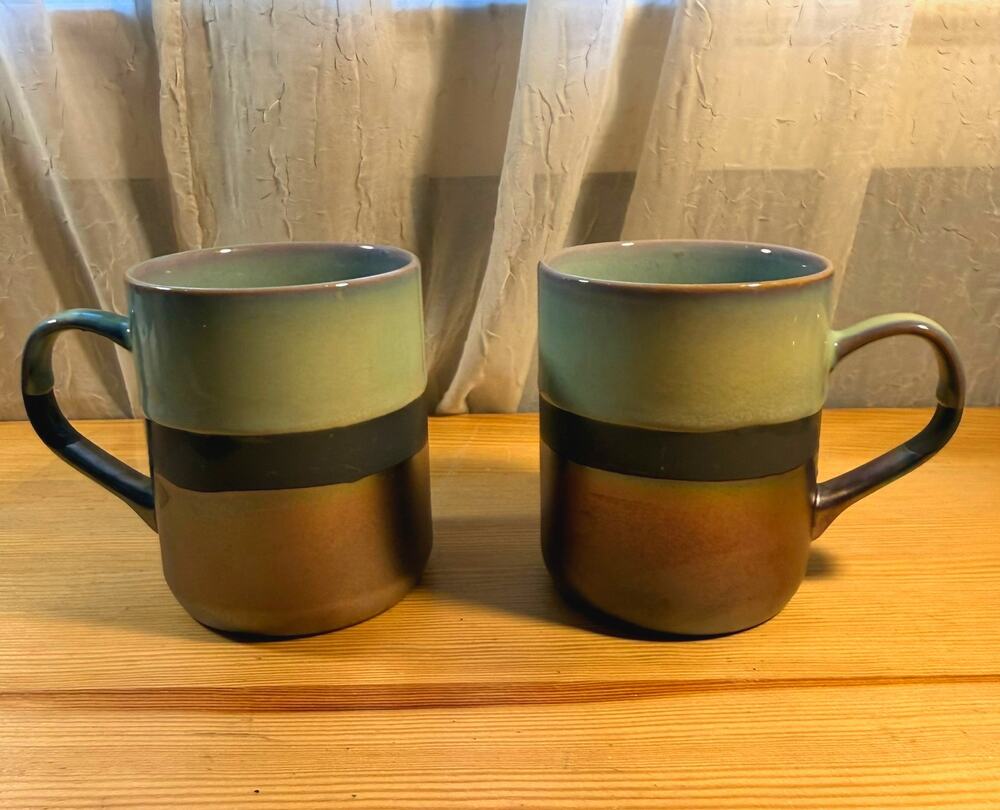 Roscher Stoneware Mugs Teal Blue Iridescent Metallic Set of 2